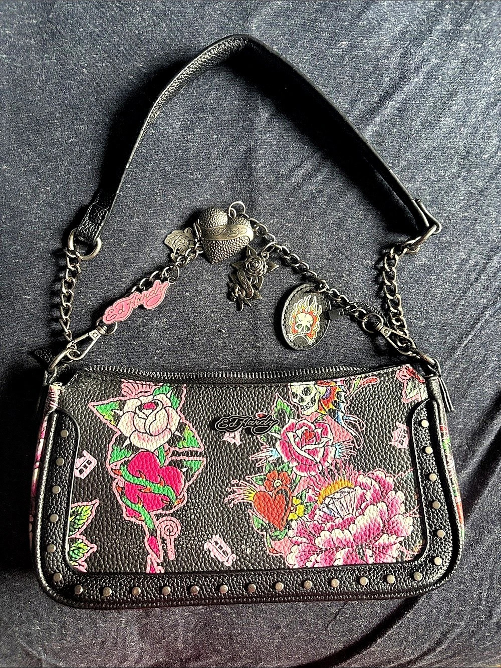 Ed Hardy Skeleton and Roses Collection Shoulder Bag with Charms Shoulder Bag